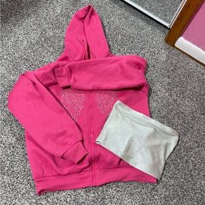 Hot Pink Zip-Up Hoodie with Rhinestone Wing Detail and tube top/skirt